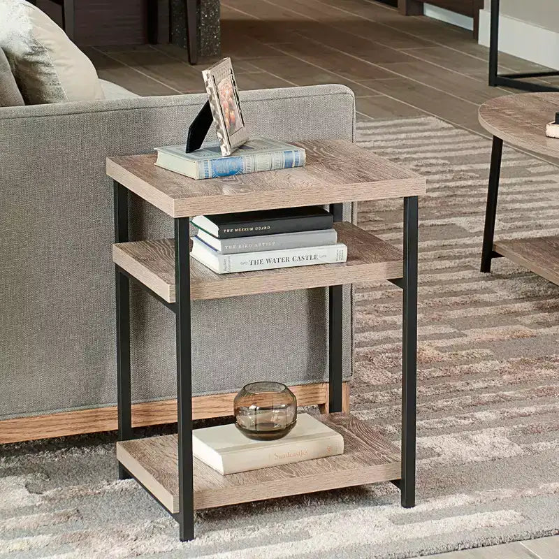 Rectangular Side End Table with Storage Shelves