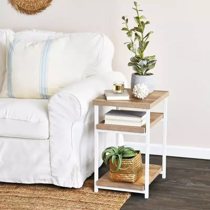 Rectangular Side End Table with Storage Shelves