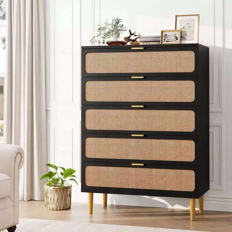 Whizmax Rattan 5 Drawer Dresser for Bedroom, Tall Dresser with Deep Drawers, Large Chest of Drawers for Closet with Wide Top for Living Room, Hallway