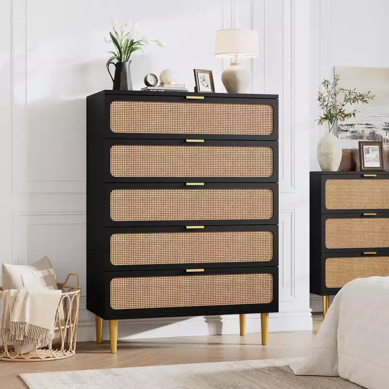 Rattan 5 Drawer Dresser for Bedroom, Tall Dresser with Deep Drawers, Large Chest of Drawers for Closet with Wide Top for Living Room, Hallway