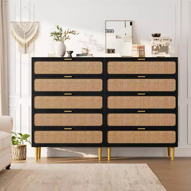 Rattan 5 Drawer Dresser for Bedroom, Tall Dresser with Deep Drawers, Large Chest of Drawers for Closet with Wide Top for Living Room, Hallway