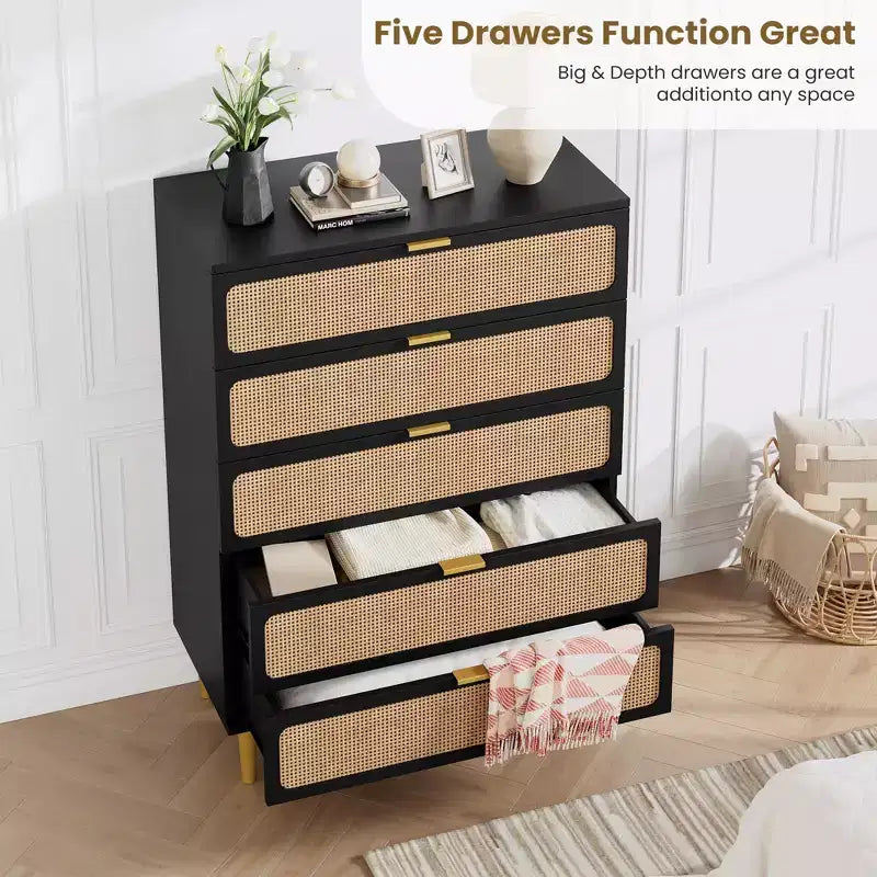Rattan 5 Drawer Dresser for Bedroom, Tall Dresser with Deep Drawers, Large Chest of Drawers for Closet with Wide Top for Living Room, Hallway