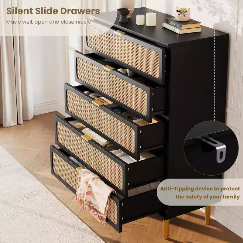Rattan 5 Drawer Dresser for Bedroom, Tall Dresser with Deep Drawers, Large Chest of Drawers for Closet with Wide Top for Living Room, Hallway