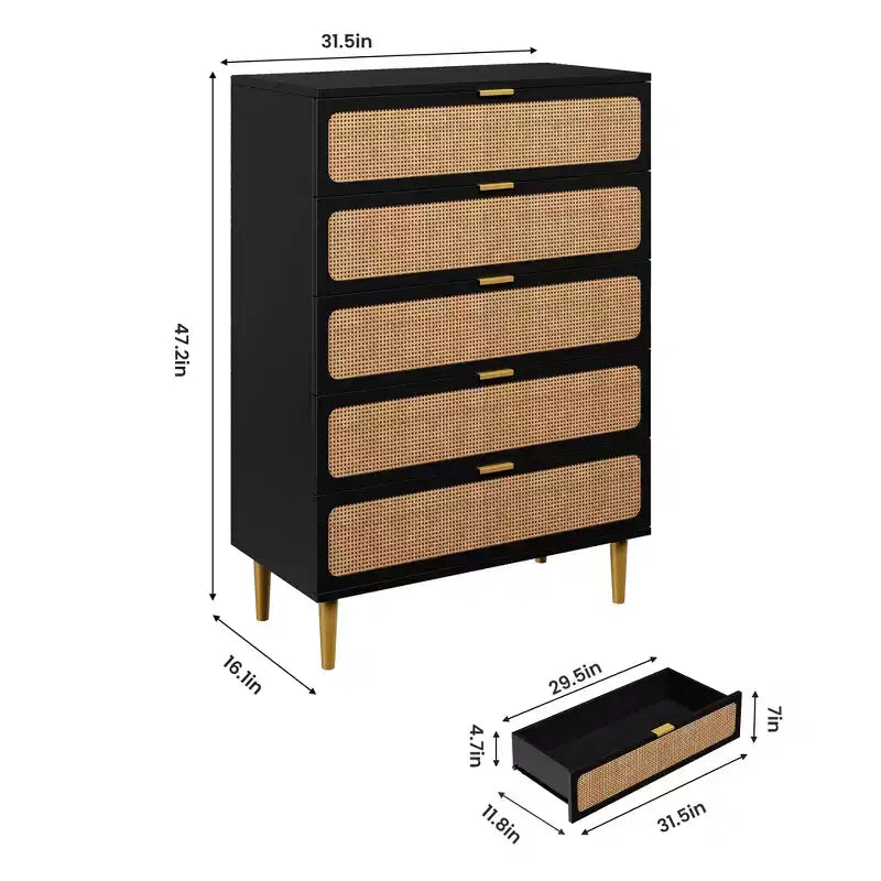 Rattan 5 Drawer Dresser for Bedroom, Tall Dresser with Deep Drawers, Large Chest of Drawers for Closet with Wide Top for Living Room, Hallway