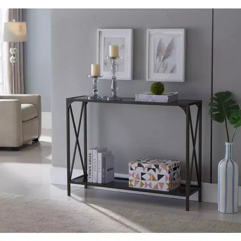 Kings Brand Furniture  Kandin Modern Console Sofa Table with Storage Shelf, Pewter/Black Glass - Perfect for Entryways and Living Rooms