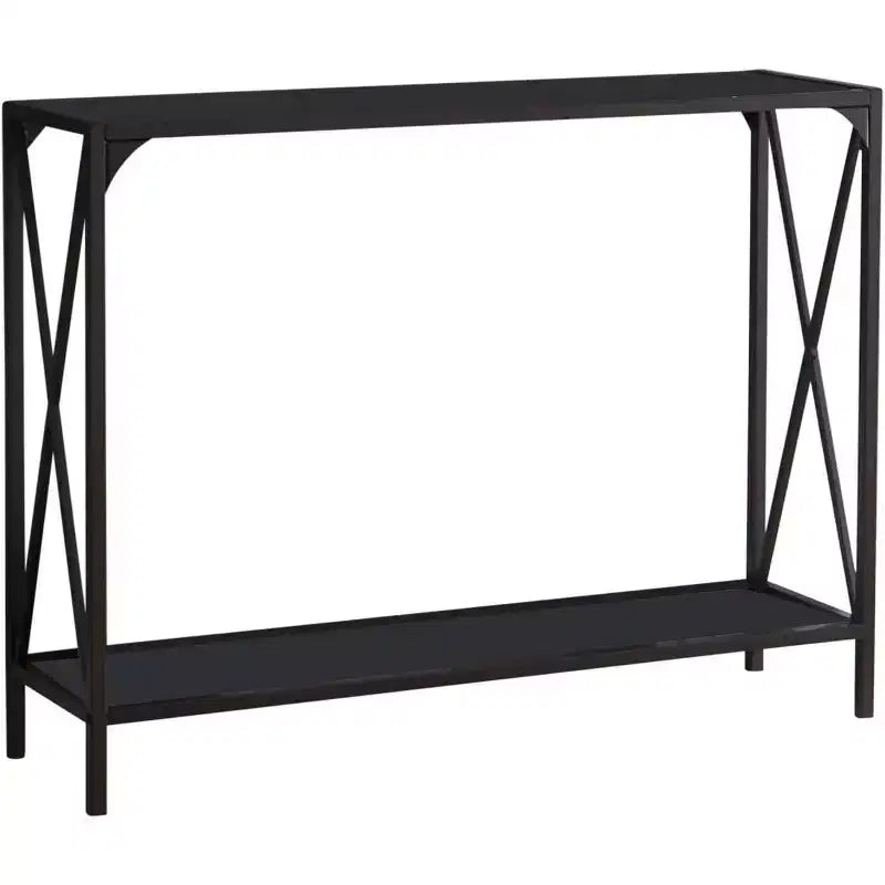 Modern Console Sofa Table with Storage Shelf, Pewter/Black Glass
