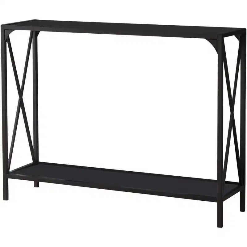 Modern Console Sofa Table with Storage Shelf, Pewter/Black Glass