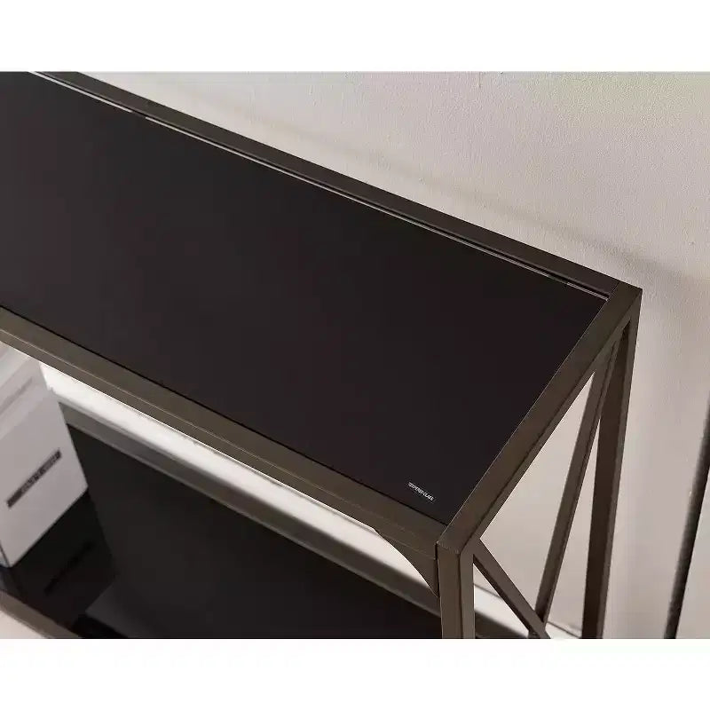 Modern Console Sofa Table with Storage Shelf, Pewter/Black Glass