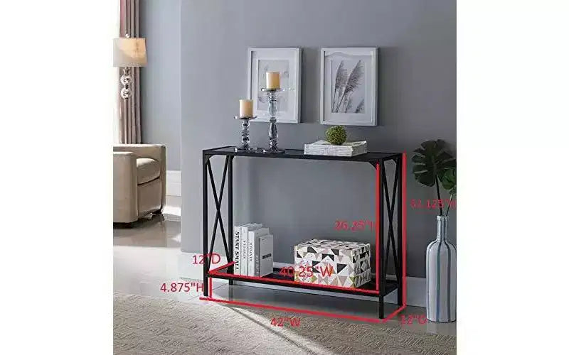 Modern Console Sofa Table with Storage Shelf, Pewter/Black Glass