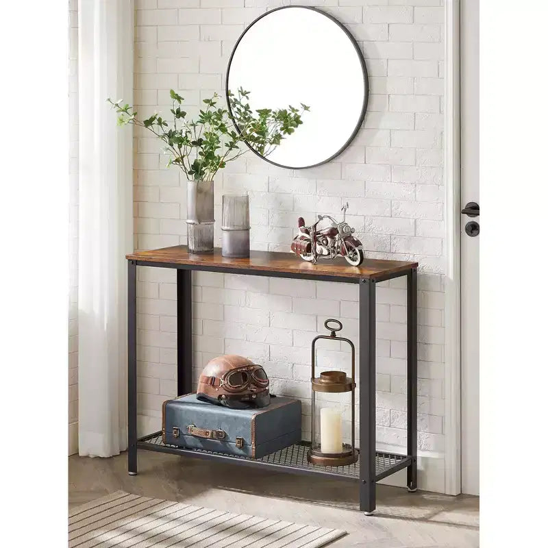 Console Table, 2-Tier Entryway Table with Mesh Shelf, Narrow Sofa Table, Steel Frame, Adjustable Feet Rustic Brown and Black