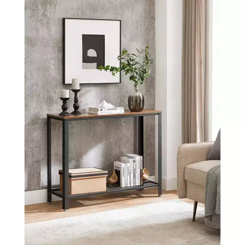 Console Table, 2-Tier Entryway Table with Mesh Shelf, Narrow Sofa Table, Steel Frame, Adjustable Feet, Rustic Brown and Black