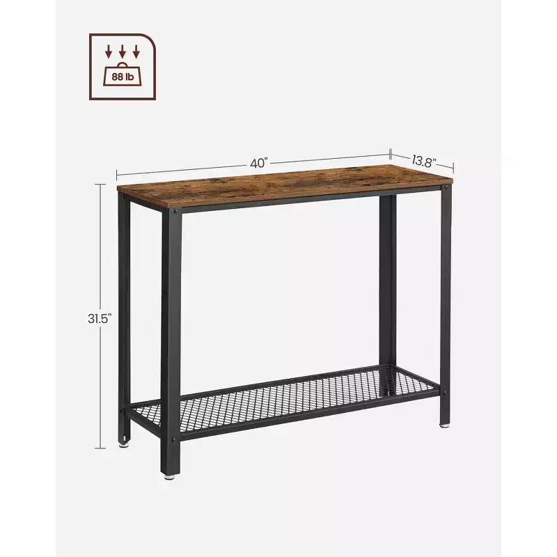 Console Table, 2-Tier Entryway Table with Mesh Shelf, Narrow Sofa Table, Steel Frame, Adjustable Feet, Rustic Brown and Black