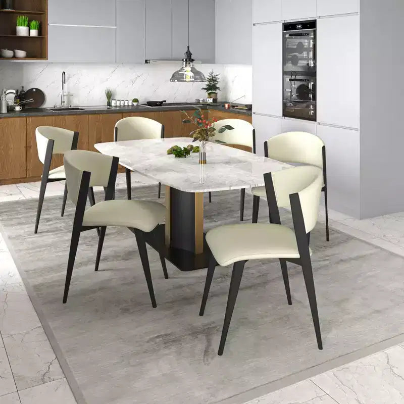 Upholstered Dining Chair in Leather Seats with Black Iron Frame and Legs, Modern Kitchen, Dining Room, Cafe Seating