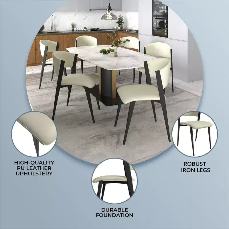 Upholstered Dining Chair in Leather Seats with Black Iron Frame and Legs, Modern Kitchen, Dining Room, Cafe Seating
