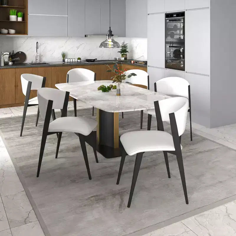 Upholstered Dining Chair in Leather Seats with Black Iron Frame and Legs, Modern Kitchen, Dining Room, Cafe Seating
