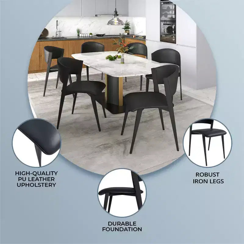 Upholstered Dining Chair in Leather Seats with Black Iron Frame and Legs, Modern Kitchen, Dining Room, Cafe Seating