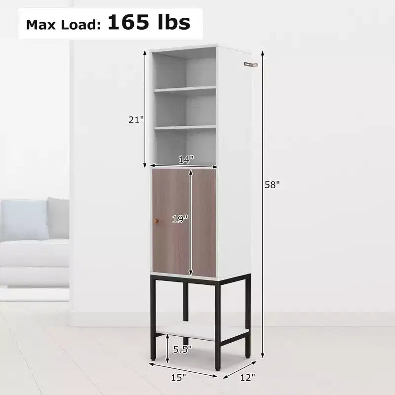 57" Bathroom Tall Cabinet with 1 Door and 4 Shelves Freestanding Floor Cabinet
