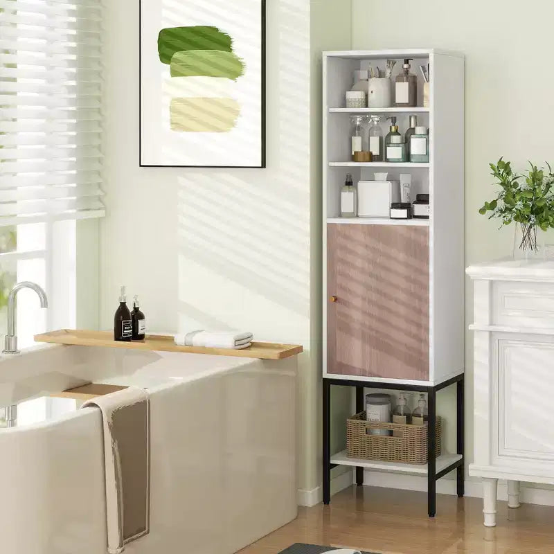 57" Bathroom Tall Cabinet with 1 Door and 4 Shelves Freestanding Floor Cabinet