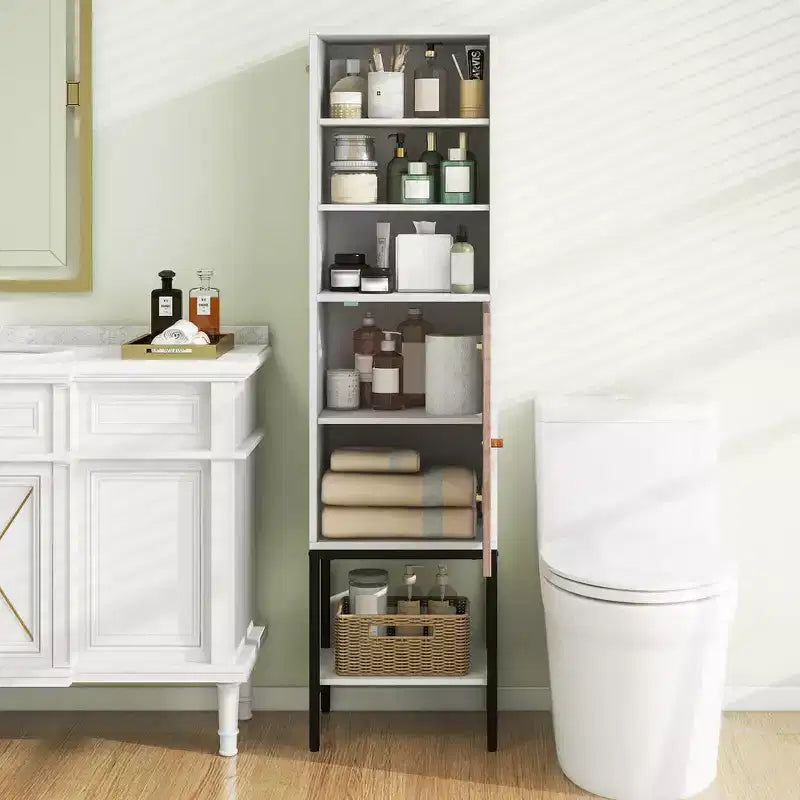 57" Bathroom Tall Cabinet with 1 Door and 4 Shelves Freestanding Floor Cabinet