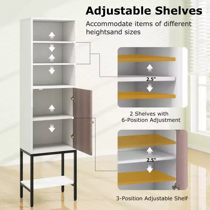 57" Bathroom Tall Cabinet with 1 Door and 4 Shelves Freestanding Floor Cabinet