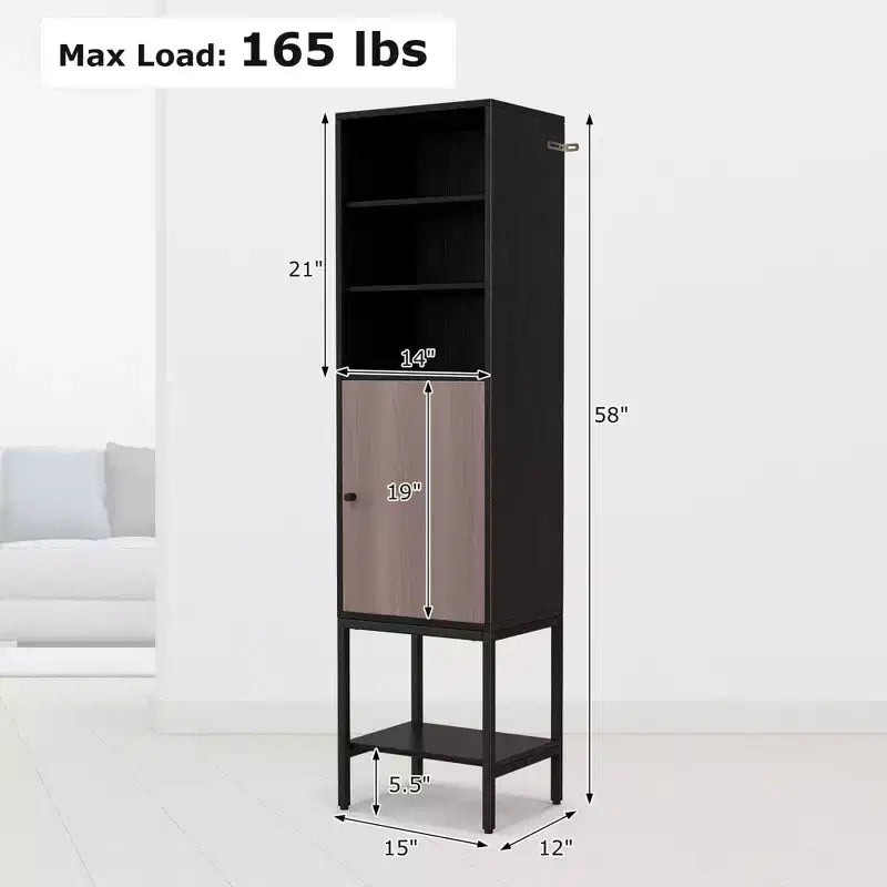 57" Bathroom Tall Cabinet with 1 Door and 4 Shelves Freestanding Floor Cabinet