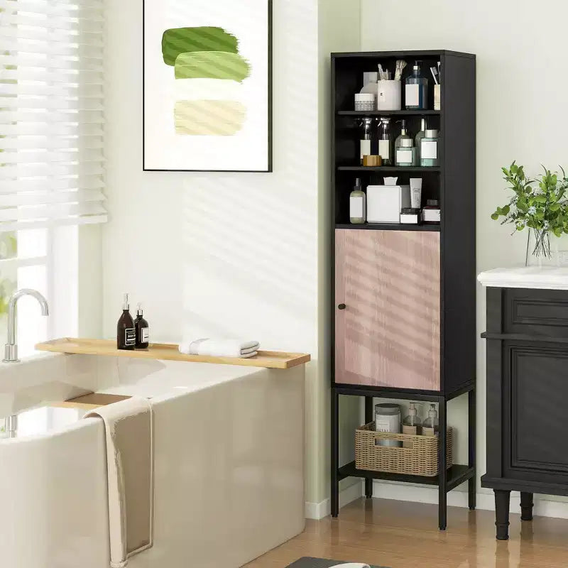 57" Bathroom Tall Cabinet with 1 Door and 4 Shelves Freestanding Floor Cabinet
