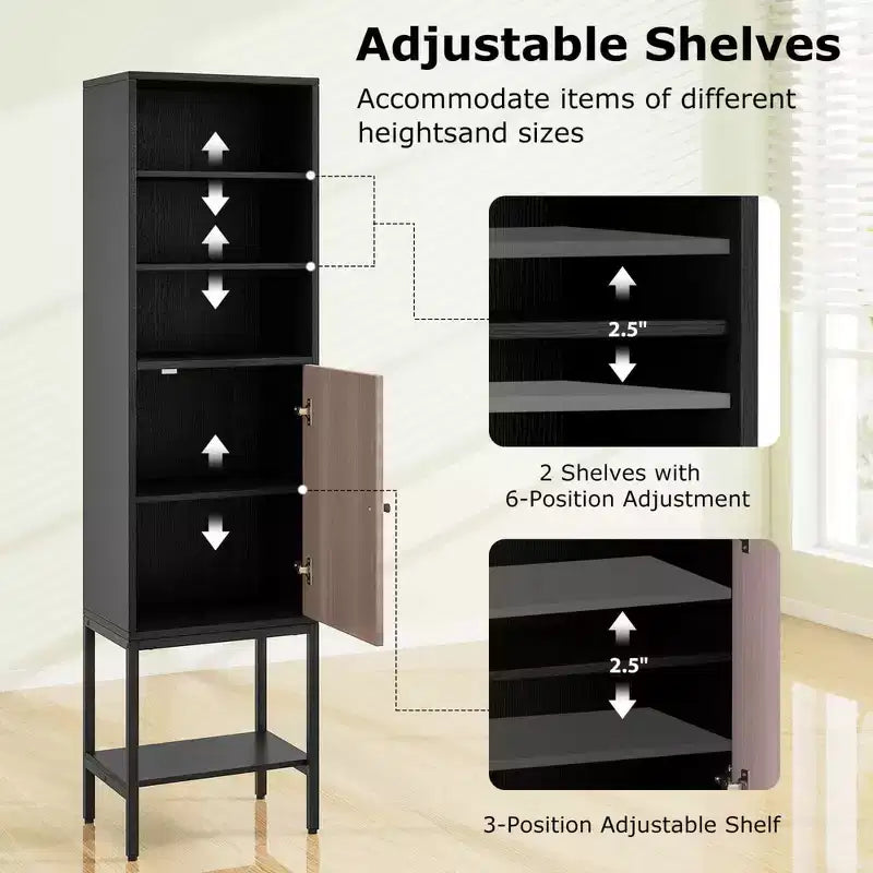 57" Bathroom Tall Cabinet with 1 Door and 4 Shelves Freestanding Floor Cabinet