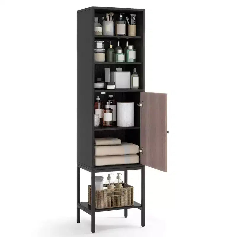 Costway 57 Bathroom Tall Cabinet with 1 Door and 4 Shelves Freestanding Floor Cabinet Black/White