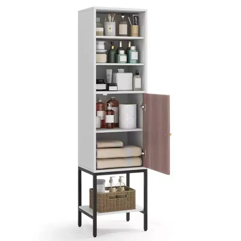 57" Bathroom Tall Cabinet with 1 Door and 4 Shelves Freestanding Floor Cabinet