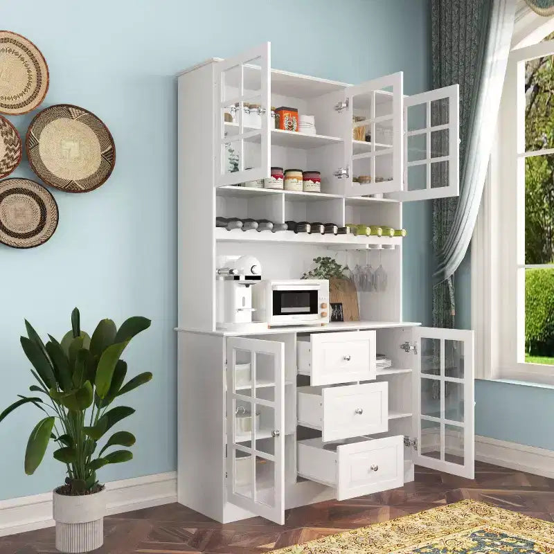 Wooden Pantry Cabinet with 3 Drawers, 13 Shelves, Cup and Bottle Holders