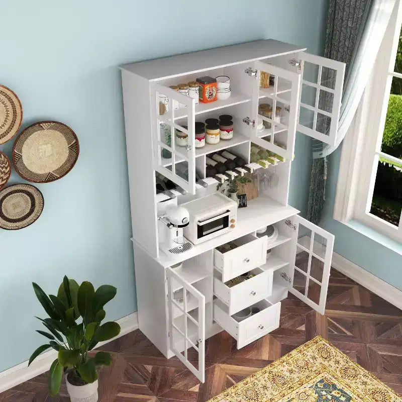 Wooden Pantry Cabinet with 3 Drawers, 13 Shelves, Cup and Bottle Holders