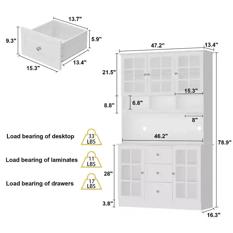 Wooden Pantry Cabinet with 3 Drawers, 13 Shelves, Cup and Bottle Holders