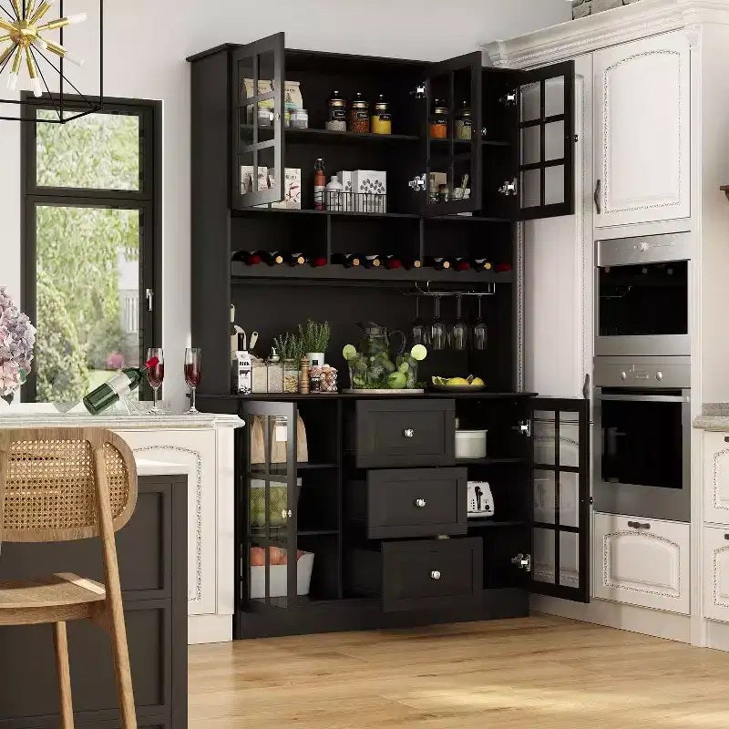 Wooden Pantry Cabinet with 3 Drawers, 13 Shelves, Cup and Bottle Holders