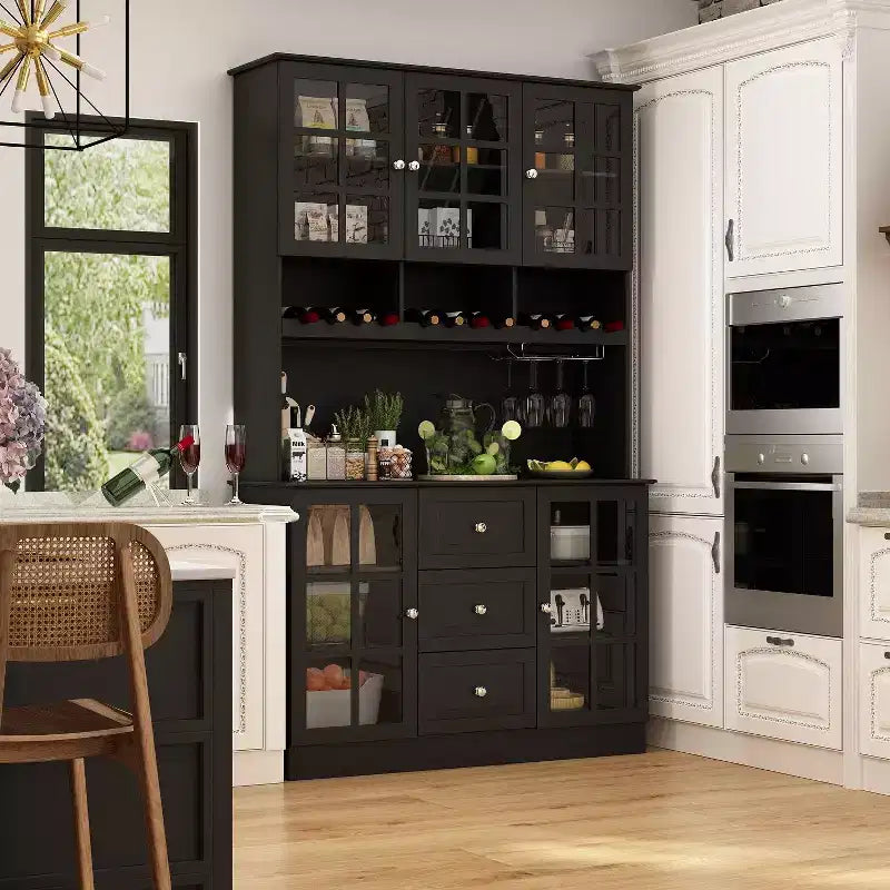 Wooden Pantry Cabinet with 3 Drawers, 13 Shelves, Cup and Bottle Holders