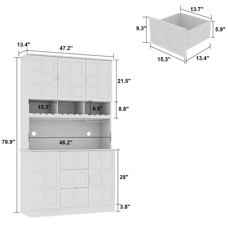 Wooden Pantry Cabinet with 3 Drawers, 13 Shelves, Cup and Bottle Holders