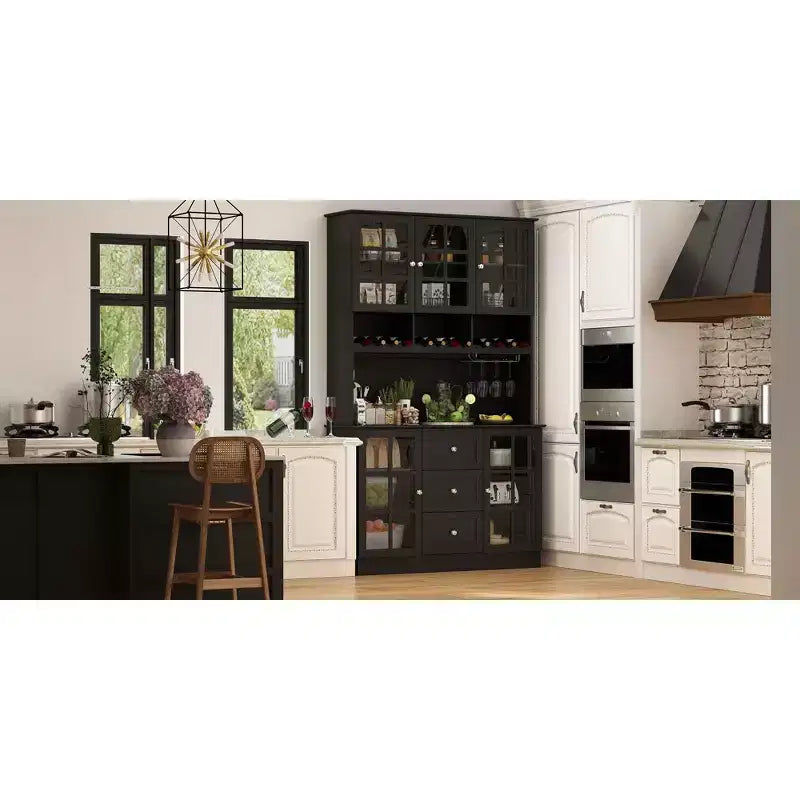 Wooden Pantry Cabinet with 3 Drawers, 13 Shelves, Cup and Bottle Holders