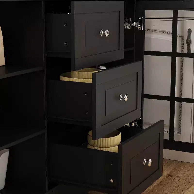 Wooden Pantry Cabinet with 3 Drawers, 13 Shelves, Cup and Bottle Holders