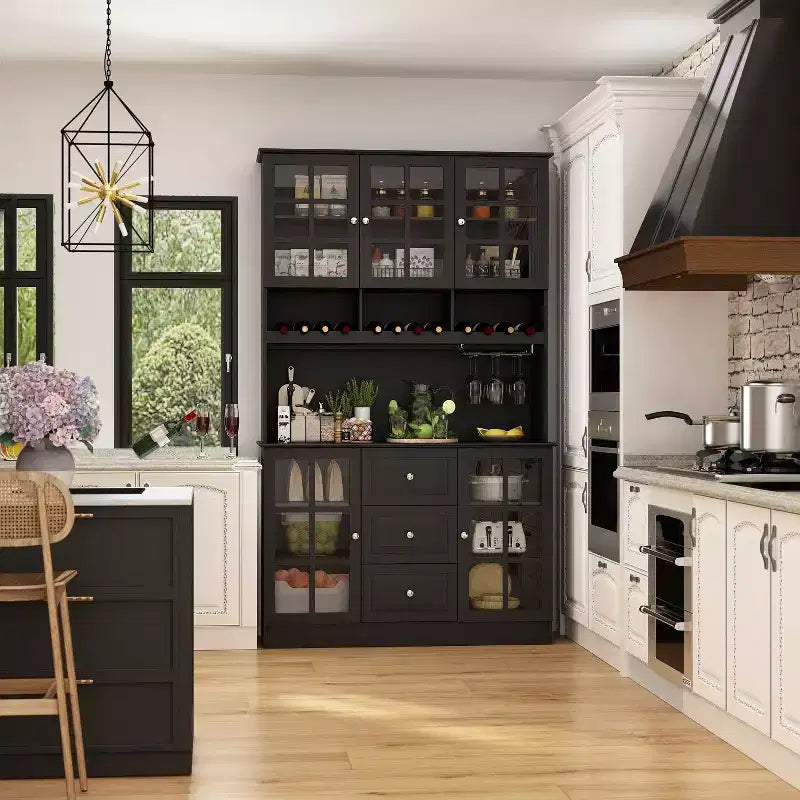 Wooden Pantry Cabinet with 3 Drawers, 13 Shelves, Cup and Bottle Holders