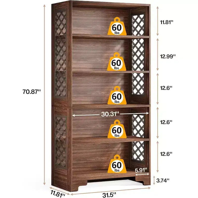 6-Tier Bookcase, 70.8" Tall Vintage Bookshelf, Freestanding Storage Display Rack for Home Office, Living Room, Bedroom