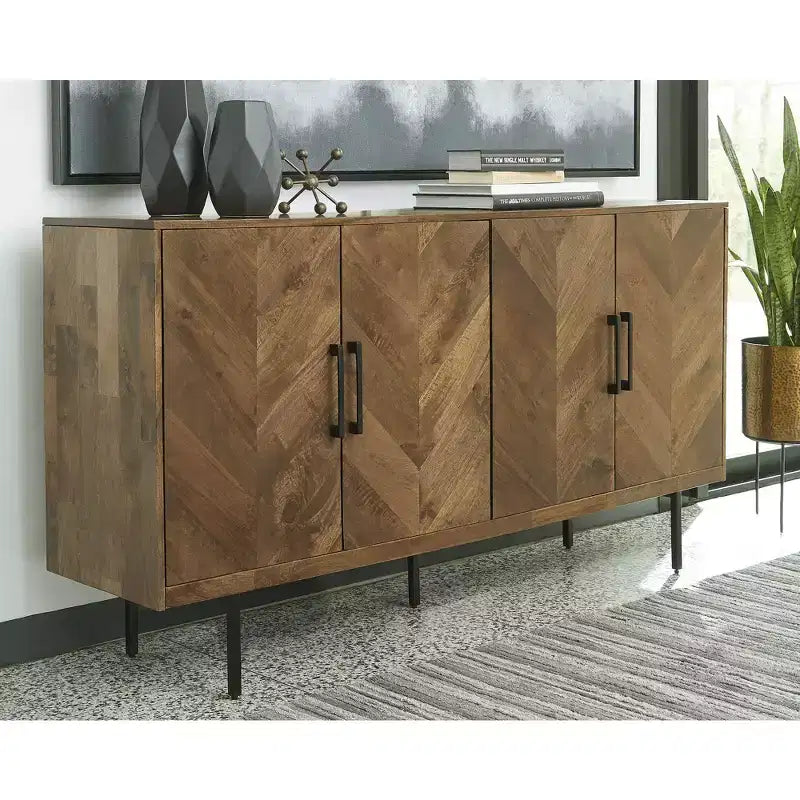 Contemporary Accent Cabinet with 4 Chevron Pattern Doors, Brown