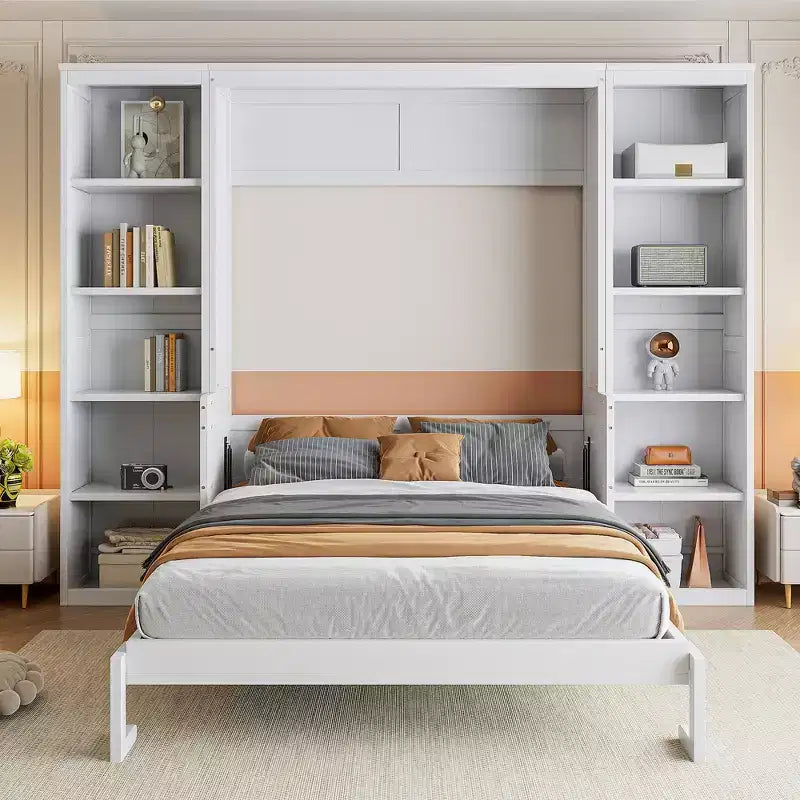 Queen/Full Size Wooden Murphy Bed with Desk and Storage Shelves, White -ModernLuxe