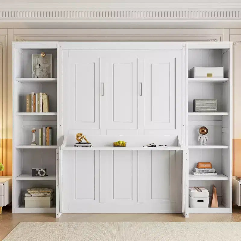 Queen/Full Size Wooden Murphy Bed with Desk and Storage Shelves, White