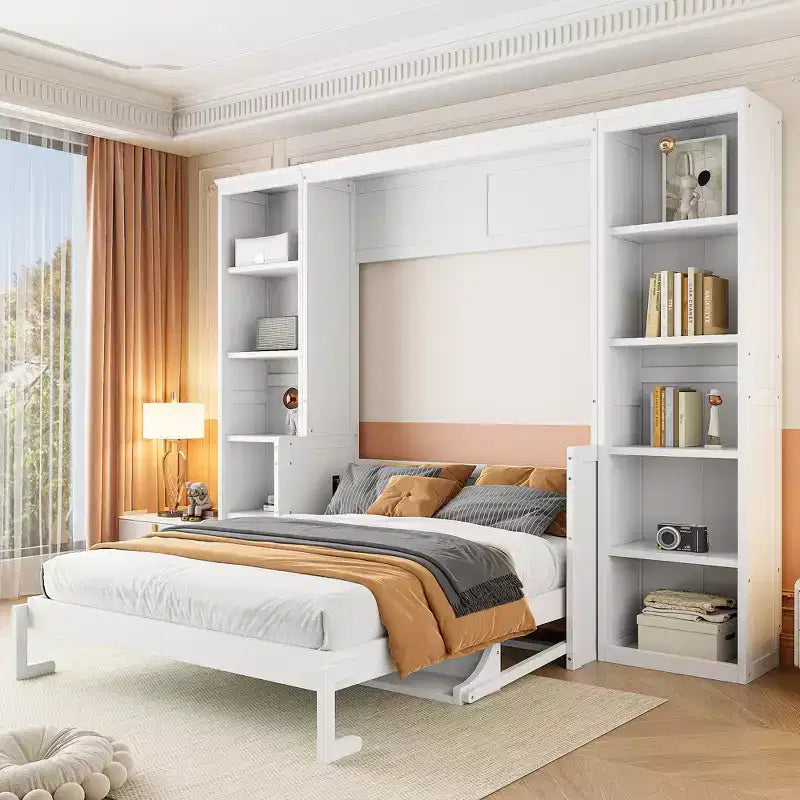 Queen/Full Size Wooden Murphy Bed with Desk and Storage Shelves, White