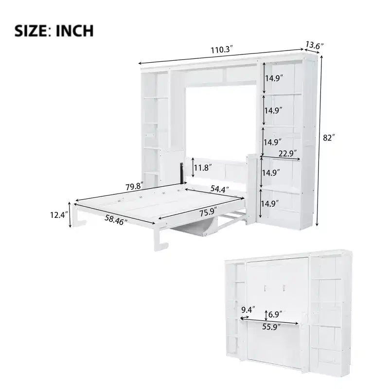 Queen/Full Size Wooden Murphy Bed with Desk and Storage Shelves, White