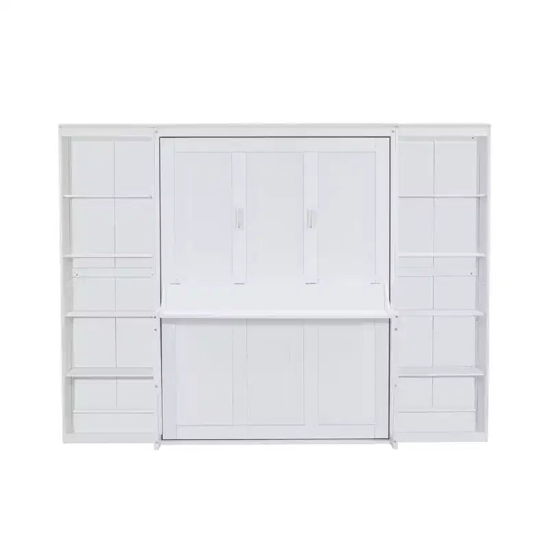 Queen/Full Size Wooden Murphy Bed with Desk and Storage Shelves, White
