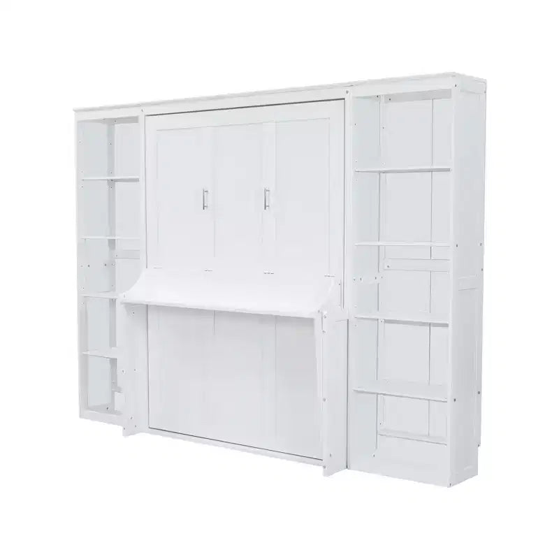 Queen/Full Size Wooden Murphy Bed with Desk and Storage Shelves, White