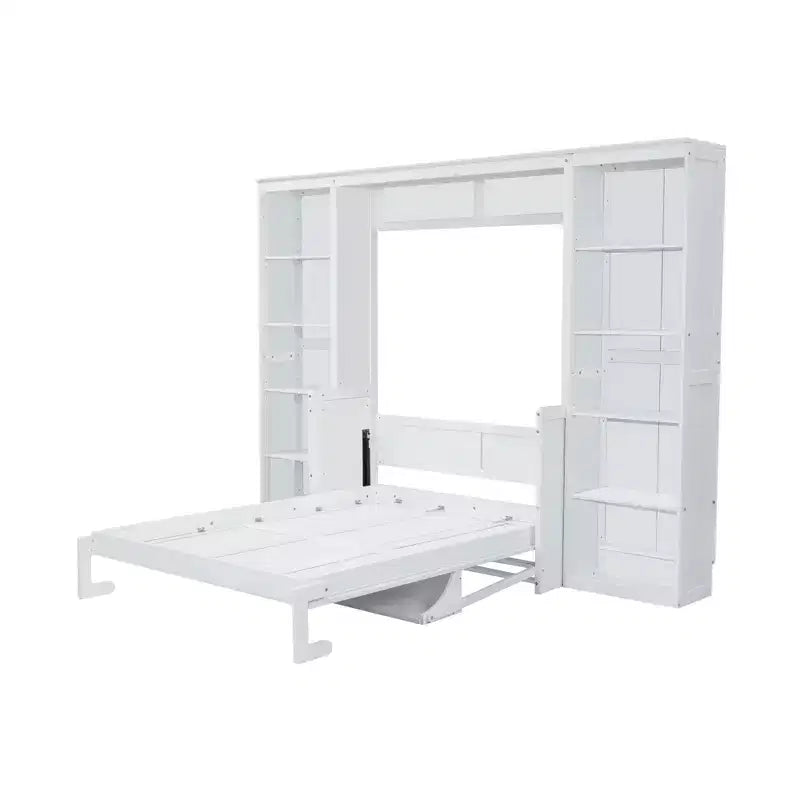 Queen/Full Size Wooden Murphy Bed with Desk and Storage Shelves, White