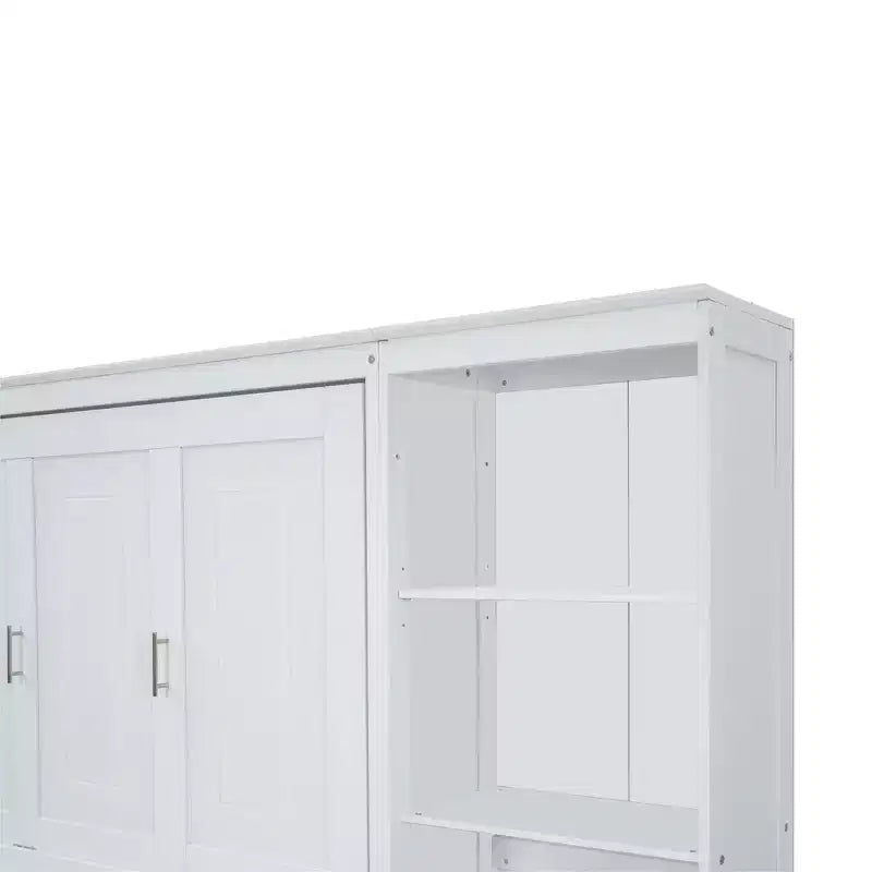 Queen/Full Size Wooden Murphy Bed with Desk and Storage Shelves, White