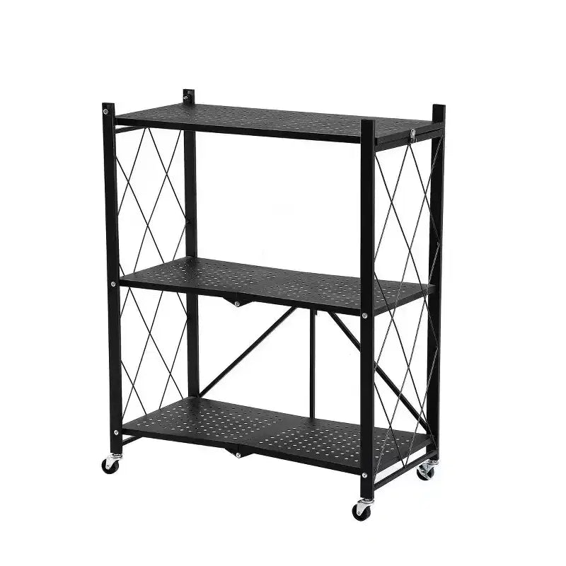 J&V TEXTILES Foldable Storage Shelf with Wheels - Metal Collapsible Shelving Unit Display, Rolling Cart for Books Kitchen Storage Shelves