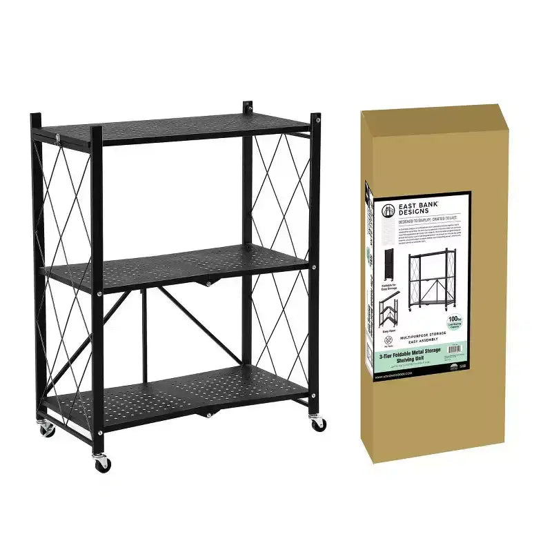 Foldable Storage Shelf with Wheels - Metal Collapsible Shelving Unit, Rolling Cart for Books & Kitchen